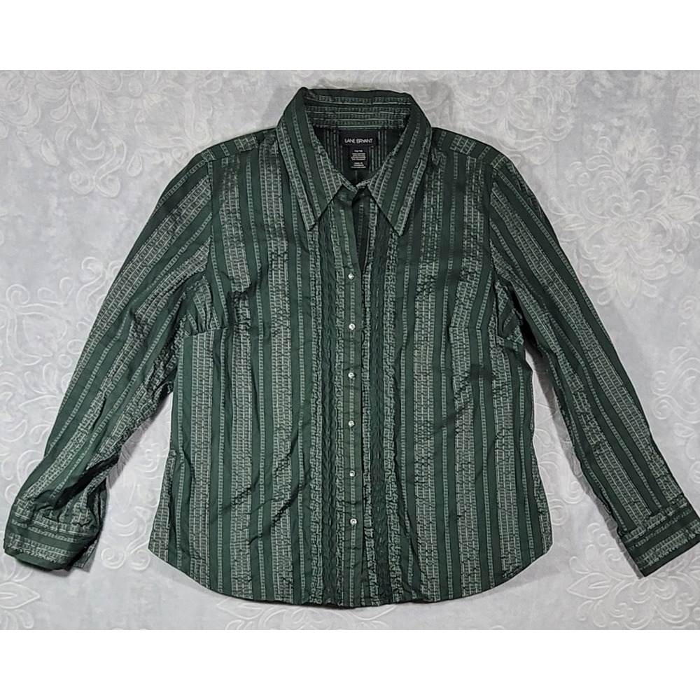 Lane Bryant Long Sleeve Green Striped Rhinestone Button Up Shirt Womens Sz 14/16